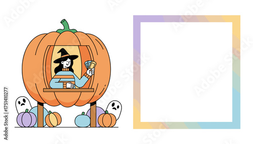 Friendly witch in pumpkin booth with tarot cards and ghosts Halloween fun magic and fortunetelling