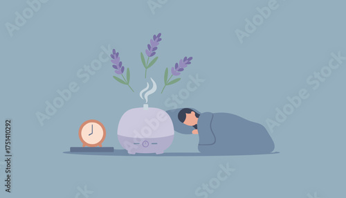 Person sleeping peacefully with an aromatherapy diffuser and lavender for relaxation and better sleep