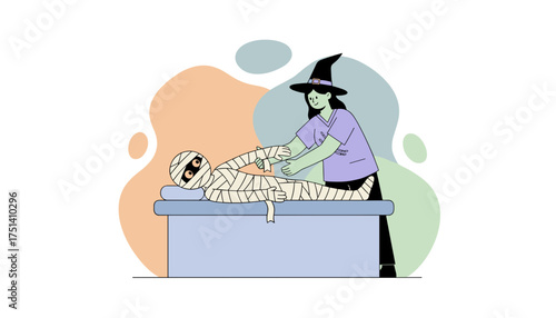 Witch helps a mummy prepare for Halloween festivities a spooky and fun costume concept