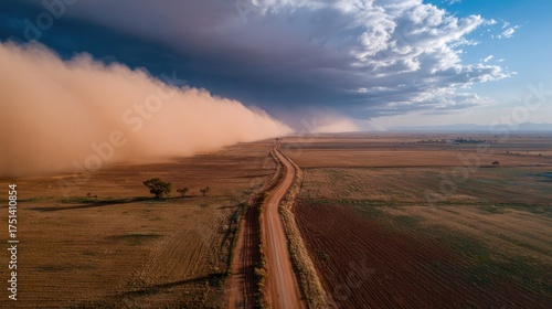 A dust storm rolls across a rural landscape towards a dirt road, trees, and fields