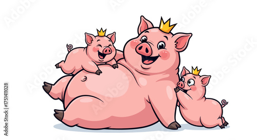 Cartoon Pig Family with Crowns A Whimsical Illustration of Motherhood and Joy.