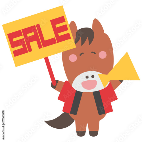 メガホンとセールの看板を持つ法被姿のかわいい馬のキャラクターイラスト素材