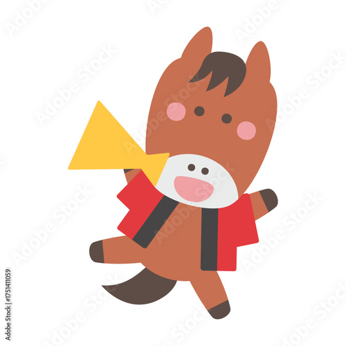 メガホンを持ってジャンプする法被姿のかわいい馬のキャラクターイラスト素材