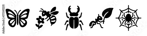 Insects and bugs silhouette icons , butterfly, bee, beetle, ant, spider web