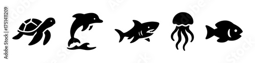 Marine animals silhouette set , turtle, dolphin, shark, jellyfish, fish