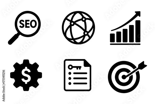 SEO and  marketing analytics silhouette icons ,magnifier, global network, growth chart, target