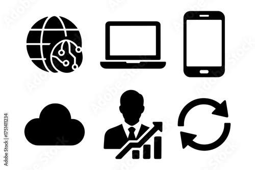Digital workplace and cloud sync silhouette set , globe, laptop, smartphone, cloud, refresh