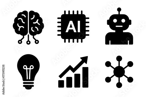 AI and robotics silhouette icons ,brain, AI chip, robot head, bulb, growth, network