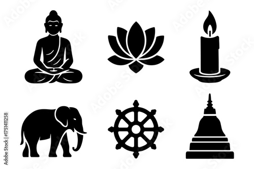 Buddhism symbols silhouette icons , Buddha, lotus, candle, stupa, dharma wheel
