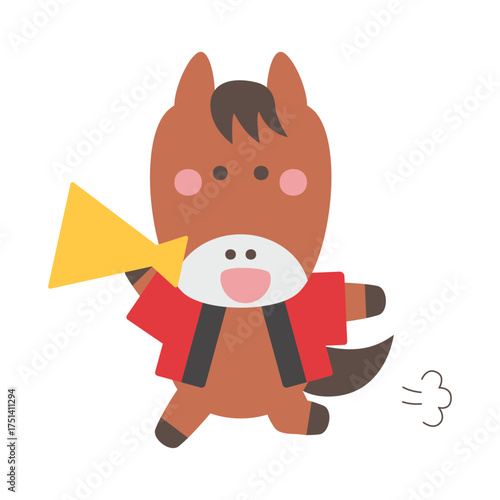 メガホンを持って走る法被姿のかわいい馬のキャラクターイラスト素材