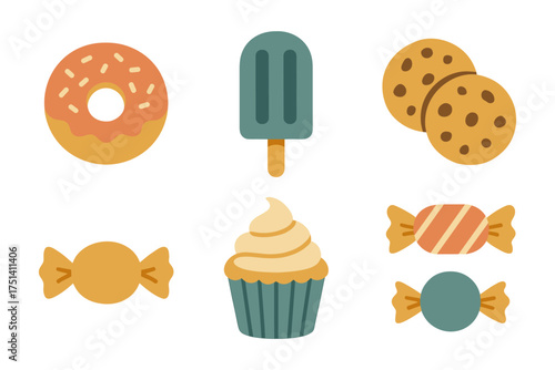 Flat retro sweet desserts icons ,donut glaze, popsicle ice, chocolate cookies, candy wrapper, cupcake cream