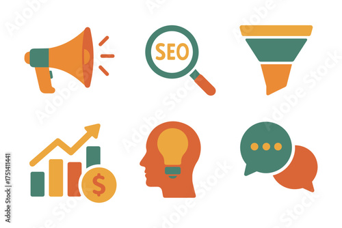 Flat retro marketing and SEO icons , megaphone promo, SEO magnifier, sales funnel, revenue chart, customer chat