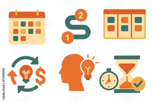 Flat retro project management icons ,calendar plan, roadmap path, kanban board, idea cycle, time check