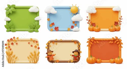 Set of cute 3D cartoon seasonal frames for text.