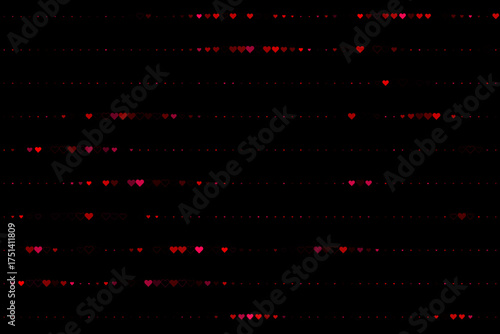 Abstract digital background with glowing red hearts and dots forming horizontal lines on a dark black canvas, symbolizing love and connection.