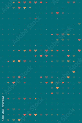 Abstract digital background with scattered heart shapes and dots in warm colors on a teal backdrop, perfect for modern design.