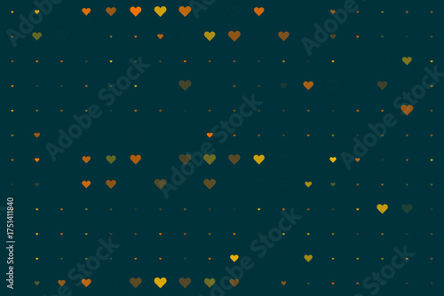 Abstract digital background with scattered hearts and dots in warm yellow, orange, and green tones on a dark teal backdrop, creating a subtle romantic pattern.
