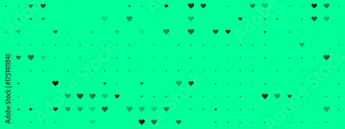 Abstract green hearts pattern on a vibrant emerald background, digital graphic design with scattered love symbols and dots
