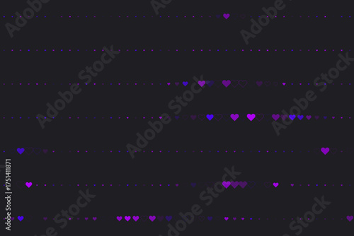 Abstract digital pattern with glowing purple and blue hearts and dots forming horizontal lines on a dark background, symbolizing connection and modern technology.