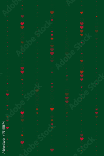 Seamless pattern of vibrant red hearts and subtle dots cascading vertically on a deep green background, symbolizing love and celebration.