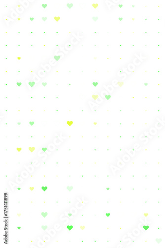 Vibrant green and yellow heart shapes forming a subtle digital pattern on a deep transparent background, perfect for technology and romance themes.