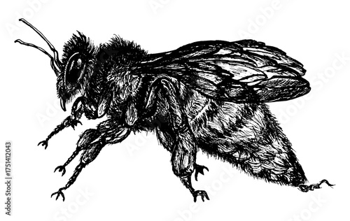 
Detailed black and white hand drawn bee illustration showing intricate wings and body texture in vintage etching style isolated on white background