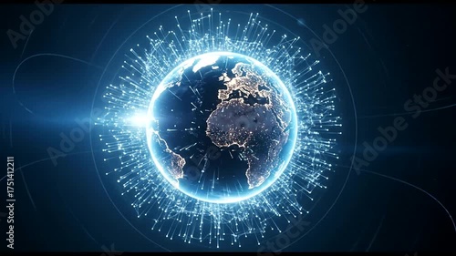 Illuminated Earth Globe Surrounded by Digital Connections at Night