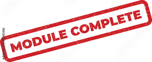 A striking red rectangular rubber stamp indicating module completion with a textured grunge appearance