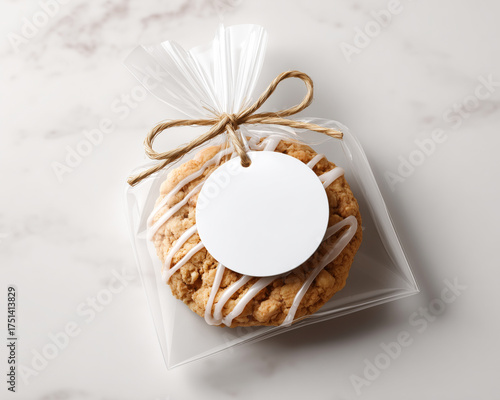 Crumble cookie with icing drizzle packaged in a clear plastic bag tied with twine and blank round mockup tag