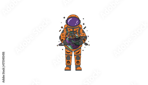 Spaceman in orange Halloween suit holds a candyfilled planet cauldron celebrating space and holiday