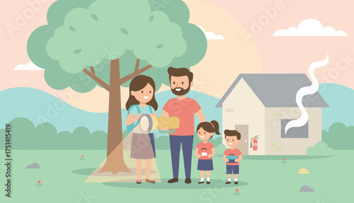 Family actively prepares for home emergency with safety supplies