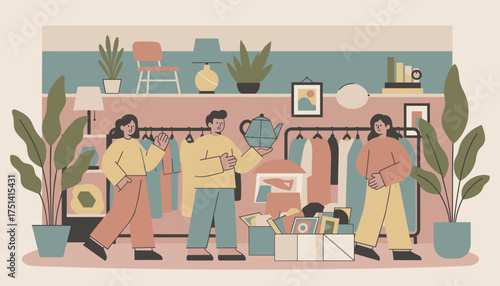 Shoppers browsing for secondhand goods at a thrift store or flea market Sustainable lifestyle