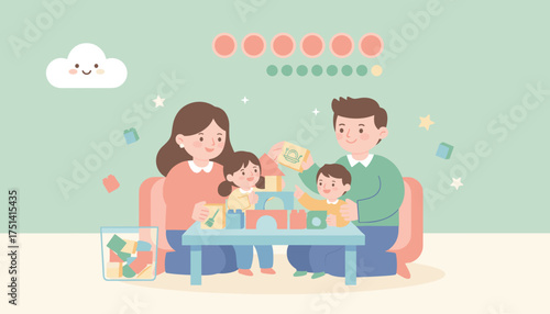 Joyful family building blocks together fostering learning creativity and precious bonding time