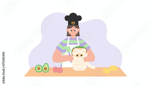 Young chef preparing creative Halloween mummy food for a fun festive celebration
