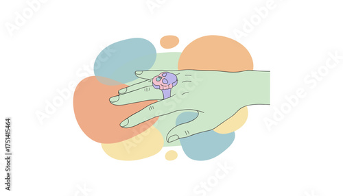 Hand wearing a pastel mushroom ring against abstract colorful shapes Whimsical design lifestyle