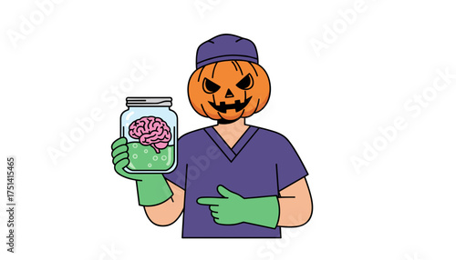 Spooky pumpkinheaded character in scrubs holding a brain in a jar Halloween concept