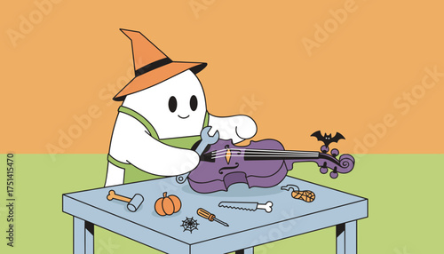 Cute ghost in witch hat repairing a violin with Halloween tools Spooky music repair concept