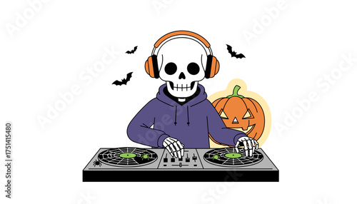 Halloween skeleton DJ in hoodie and headphones mixes music at a spooky party