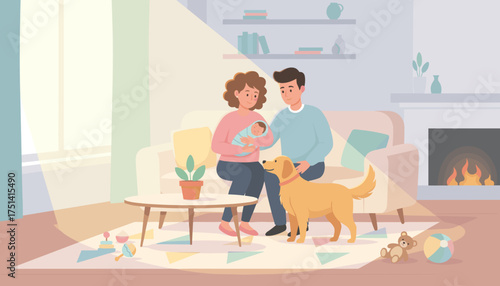 Happy family with newborn baby and pet dog in a cozy sunlit living room Parenthood joy