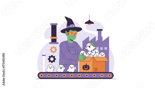 Witchlike character packs adorable ghosts into boxes on a factory conveyor for Halloween
