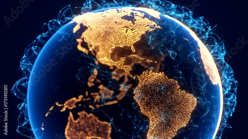 Illuminated Earth Globe with Network Connections and Global Data Visualization