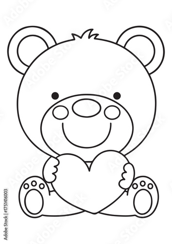 Adorable bear holding a big heart coloring page.eps and print-ready. Sweet vector illustration in ISO size, perfect for children’s creative and loving art activities.
