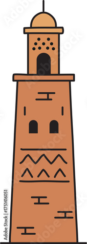Tall minaret tower with patterned windows and balcony
