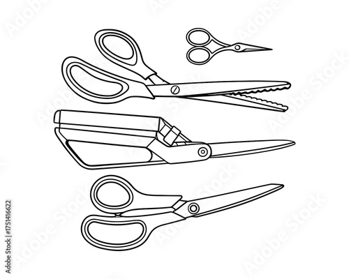 Collection of Line Art Scissors for Sewing and Crafting, isolated on a white background