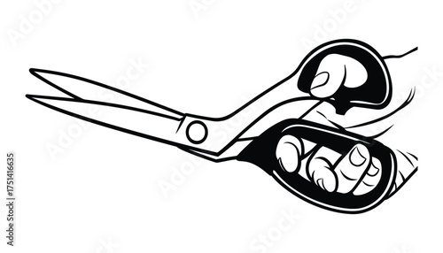 Detailed Hand Drawn Illustration: Hand Holding Open Scissors in Vector Graphic Design.
