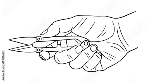 Hand Holding Yarn Scissors: a Detailed Line Art Illustration of Cutting Tools for Crafting.