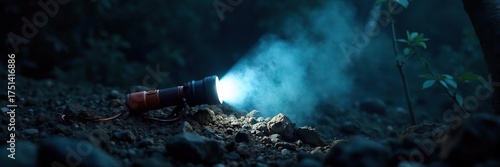 Powerful Flashlight Beam Cutting Through Night Darkness, Illuminating Dust Motes and Revealing Texture - Perfect for Exploration, Mystery, or Search and Rescue Concepts