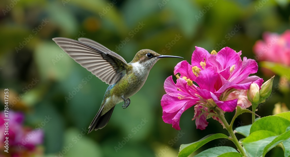 Naklejka premium Tiny bird with iridescent feathers hovering near a vibrant pink flower, wings blurred in motion, capturing nectar from a bloom, natures delicate beauty in flight