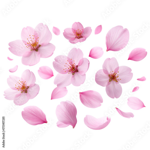 Gentle Flow of Pink Cherry Blossom Petals in Soft Breeze, isolated on transparent background