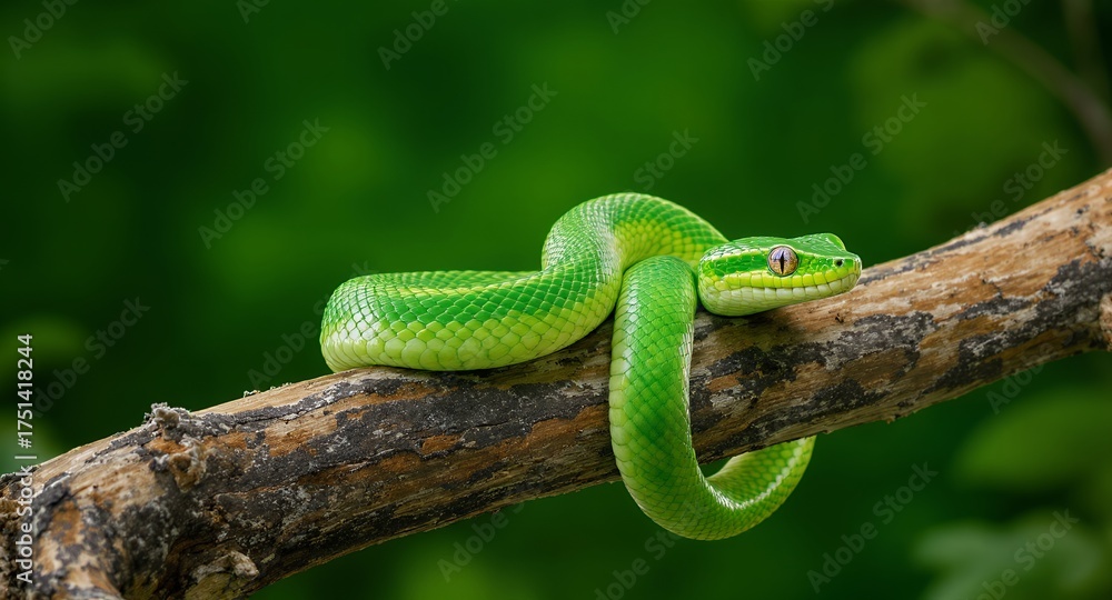 Obraz premium Vibrant Green Serpent Coiled on Branch, Reptile Nature Detail